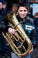 Binche festival carnival in Belgium Brussels. Boy with a tuba. Music, dance, party and costumes in Binche Carnival. Ancient and representative cultural event of Wallonia, Belgium. The carnival of Binche is an event that takes place each year in the Belgian town of Binche during the Sunday, Monday, and Tuesday preceding Ash Wednesday. The carnival is the best known of several that take place in Belgium at the same time and has been proclaimed as a Masterpiece of the Oral and Intangible Heritage of Humanity listed by UNESCO. Its history dates back to approximately the 14th century.